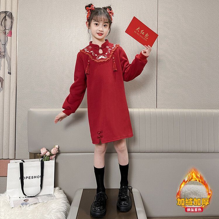 女童加绒红色连衣裙冬季2025新款