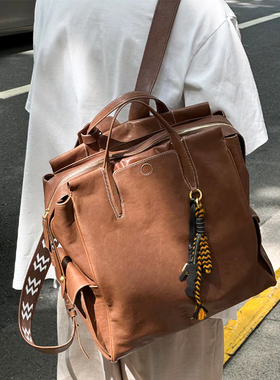 高级感油蜡皮质旅行通勤双肩包女士2025秋季新款小众设计休闲背包