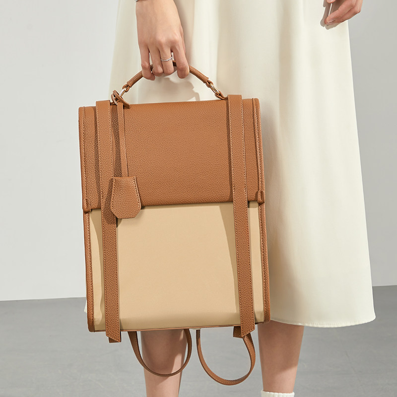 2026新款皮质女士双肩包小众撞色牛津布通勤电脑背包学生时尚书包