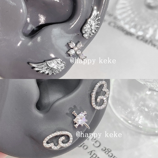 F136医用钛合金闪闪翅膀叠戴耳钉女1.2粗外螺旋耳骨钉耳饰送礼物