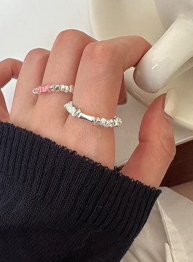 美汝仙 纯银碎银子负离子氧化石戒指女手工设计弹力绳款指环轻奢