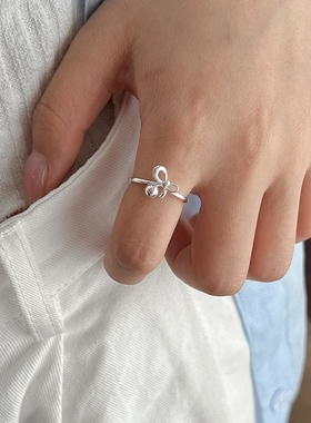 美汝仙 纯银蝴蝶结圆珠戒指女简约小巧个性小众设计感开口指环轻