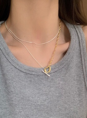 美汝仙 纯银不规则扣项链女简约金银拼色设计小红书毛衣链轻奢高