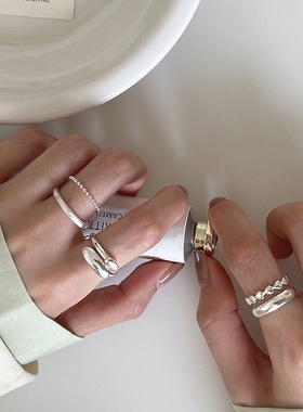 美汝仙 纯银光面双层戒指几何简约开口可调节单戒指环新品组合轻