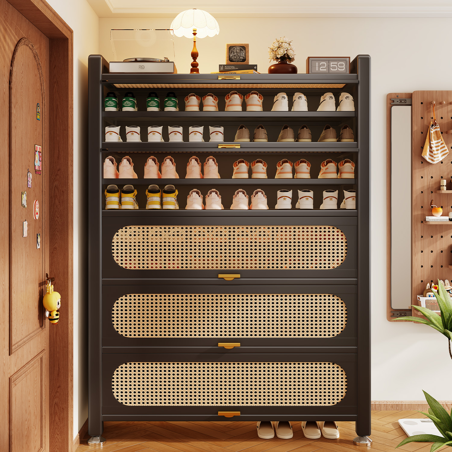 新款藤编复古鞋柜鞋架子门口家用入户简约现代靠墙多层收纳鞋架