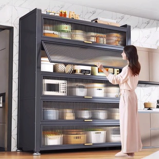 厨房微波炉置物架带门多功能多层防尘橱柜落地碳钢餐边柜收纳柜子