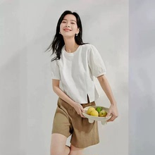 茵曼下摆开叉纯棉短袖T恤女2025年夏季新款法式泡泡袖短款白上衣