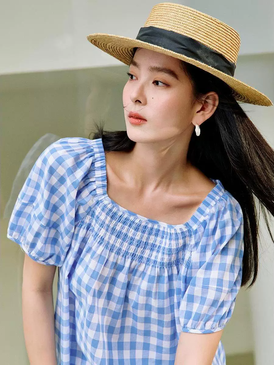 盐系甜美方领格子衬衫女2025年夏季新款收腰显瘦泡泡袖衬衣