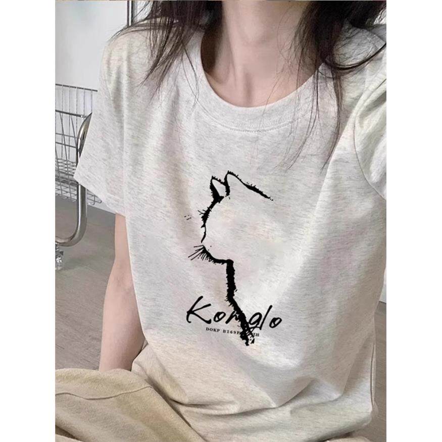 美式正肩小众简约猫咪设计感印花高级感短袖T恤女休闲百搭上衣T恤