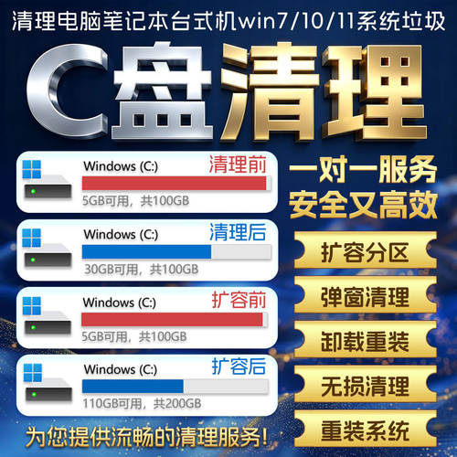 电脑远程c盘清理D扩容笔记本台式硬磁盘分区广告弹窗流氓软件内存