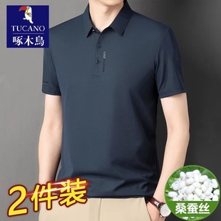 短袖 夏季 啄木鸟男士 t恤桑蚕丝polo衫 翻领半袖 冰丝纯色休闲T恤男款