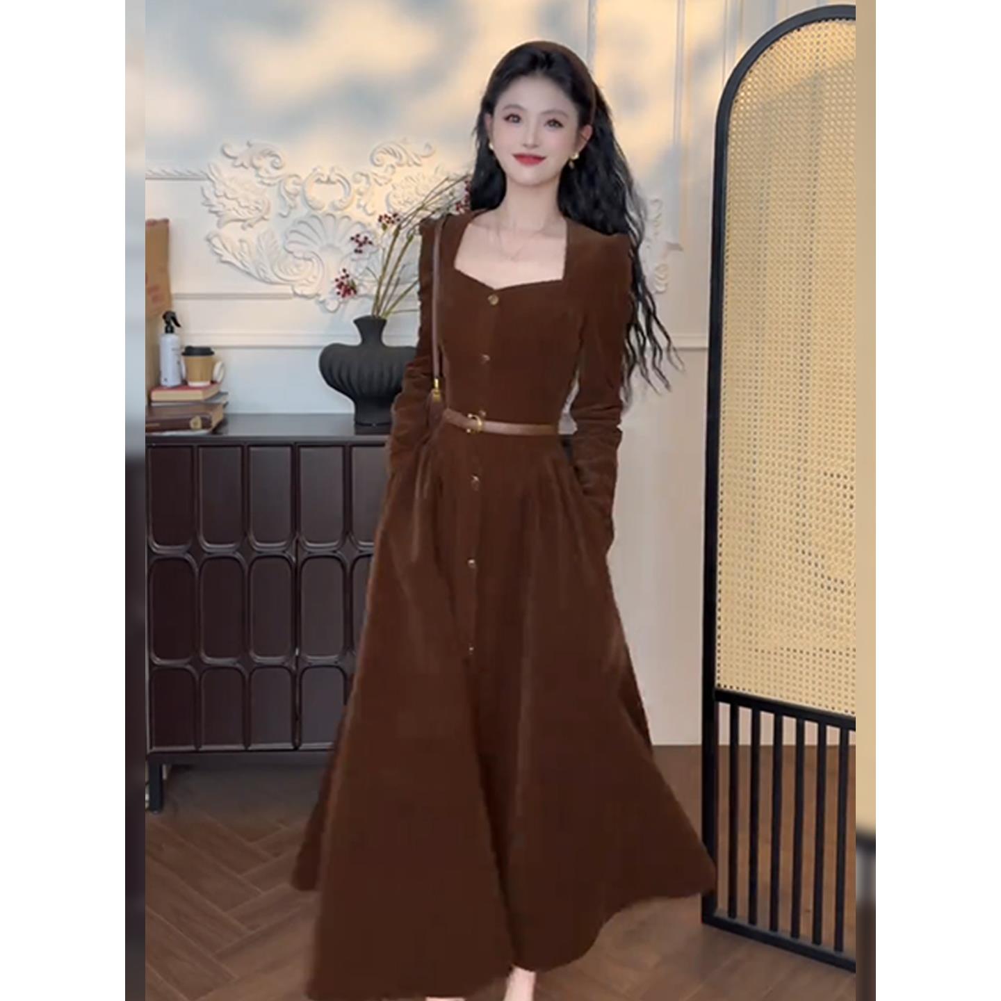 美拉德气质方领丝绒连衣裙女装