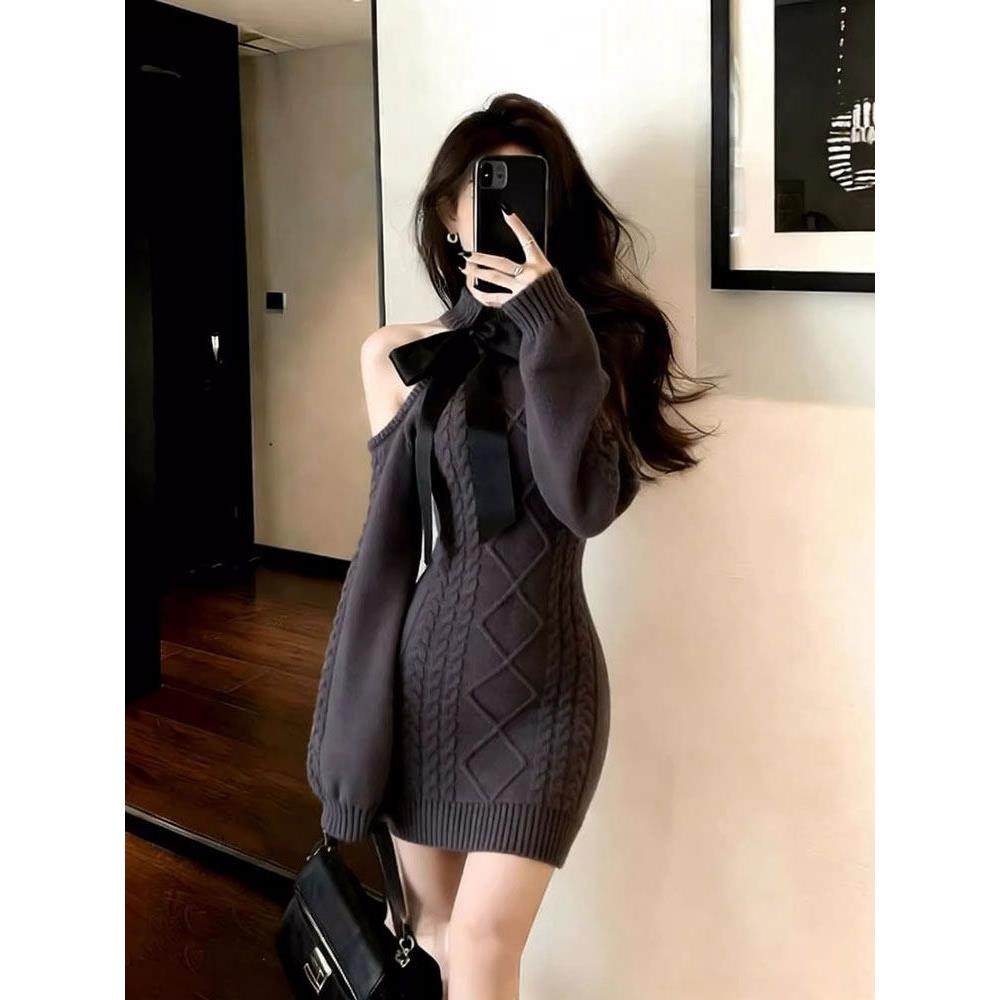 法式灰色挂脖露肩毛衣连衣裙女秋冬设计感打底修身针织包臀短裙子,女装/女士精品,连衣裙,淘宝优惠券,粉丝福利购,淘宝优惠卷