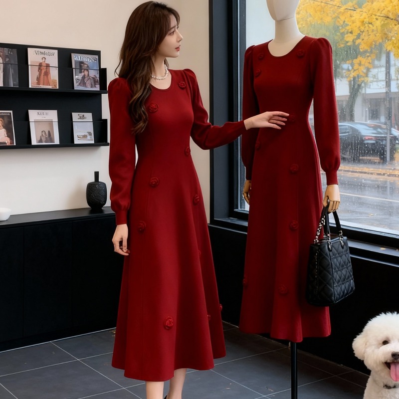 回门新娘服平时穿红色针织连衣裙