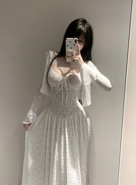 现货Jim Kennet法式白色蕾丝弹力提花开衫吊带长裙套装