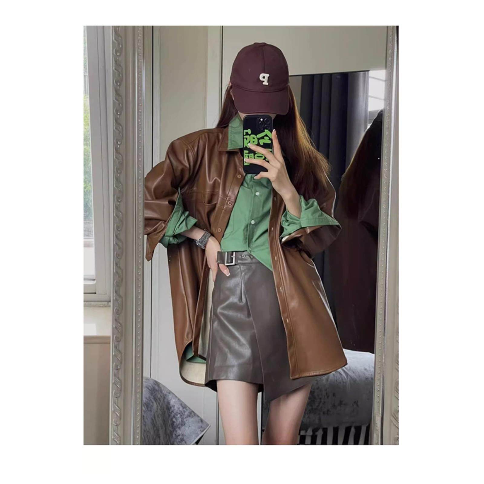 高级感绿色长袖衬衫棕色pu皮衣夹克外套两件套装女早秋装气质通勤,女装/女士精品,时尚套装,淘宝优惠券,粉丝福利购,淘宝优惠卷