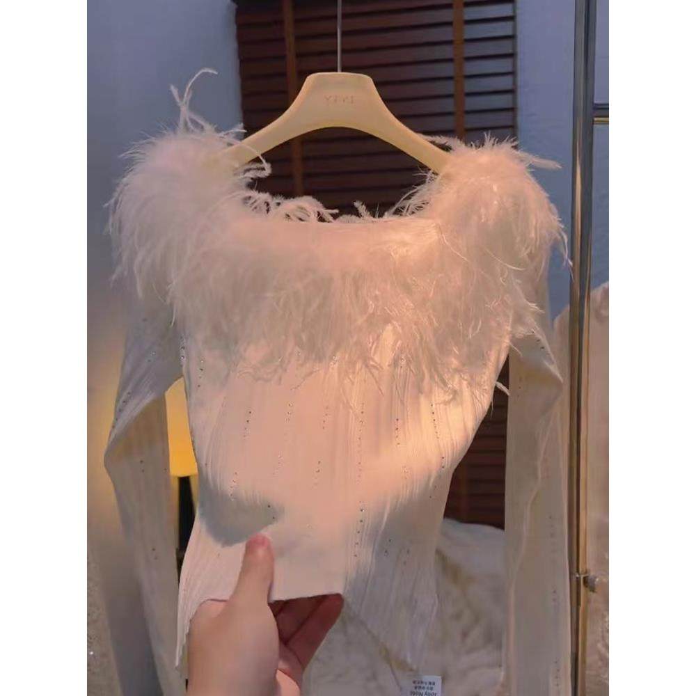 流苏羽毛拼接设计感小亮片修身显瘦针织衫早秋优雅风轻奢浪漫毛衣,女装/女士精品,大码内搭,淘宝优惠券,粉丝福利购,淘宝优惠卷