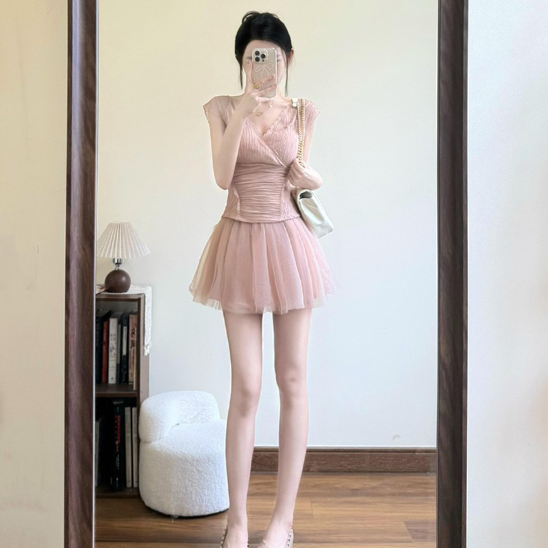 【芭蕾如梦】甜美气质V领蕾丝氛围感钓系穿搭上衣/网纱裙裤套装仙