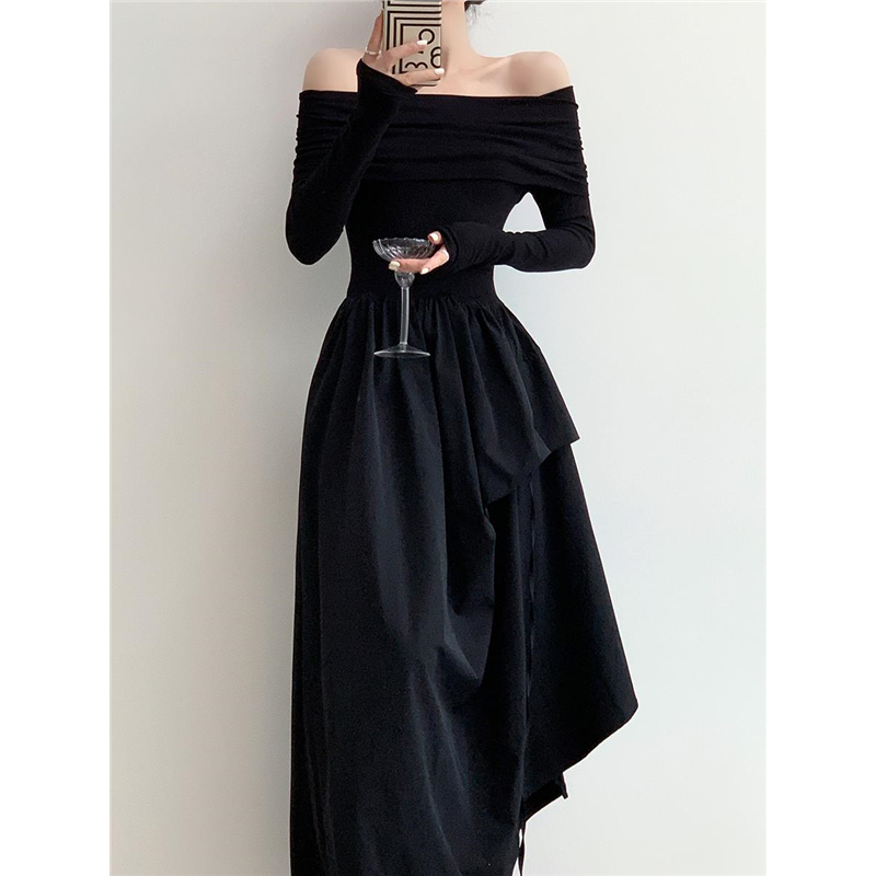 高级感小众设计一字肩法式连衣裙