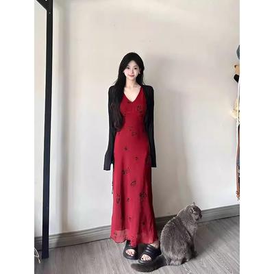 法式红色背心连衣裙套装