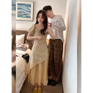 小个子气质收腰显瘦长裙 新中式 刺绣方领短袖 连衣裙女2025夏季 新款