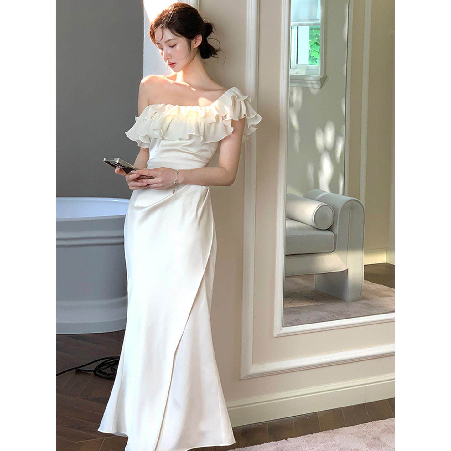 高端法式气质名媛荷叶边一字肩连衣裙绝美掐腰包臀宴会礼服裙26夏