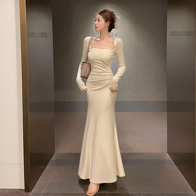 通勤鱼尾裙纯色法式温柔风方