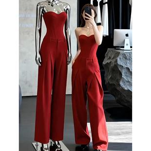 气质名媛套装女超飒轻奢风重工鱼骨抹胸上衣高腰显瘦阔腿裤两件套