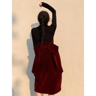 酒红色丝绒蝴蝶结吊带连衣裙订结婚宴生日过本命新年会小晚礼服女