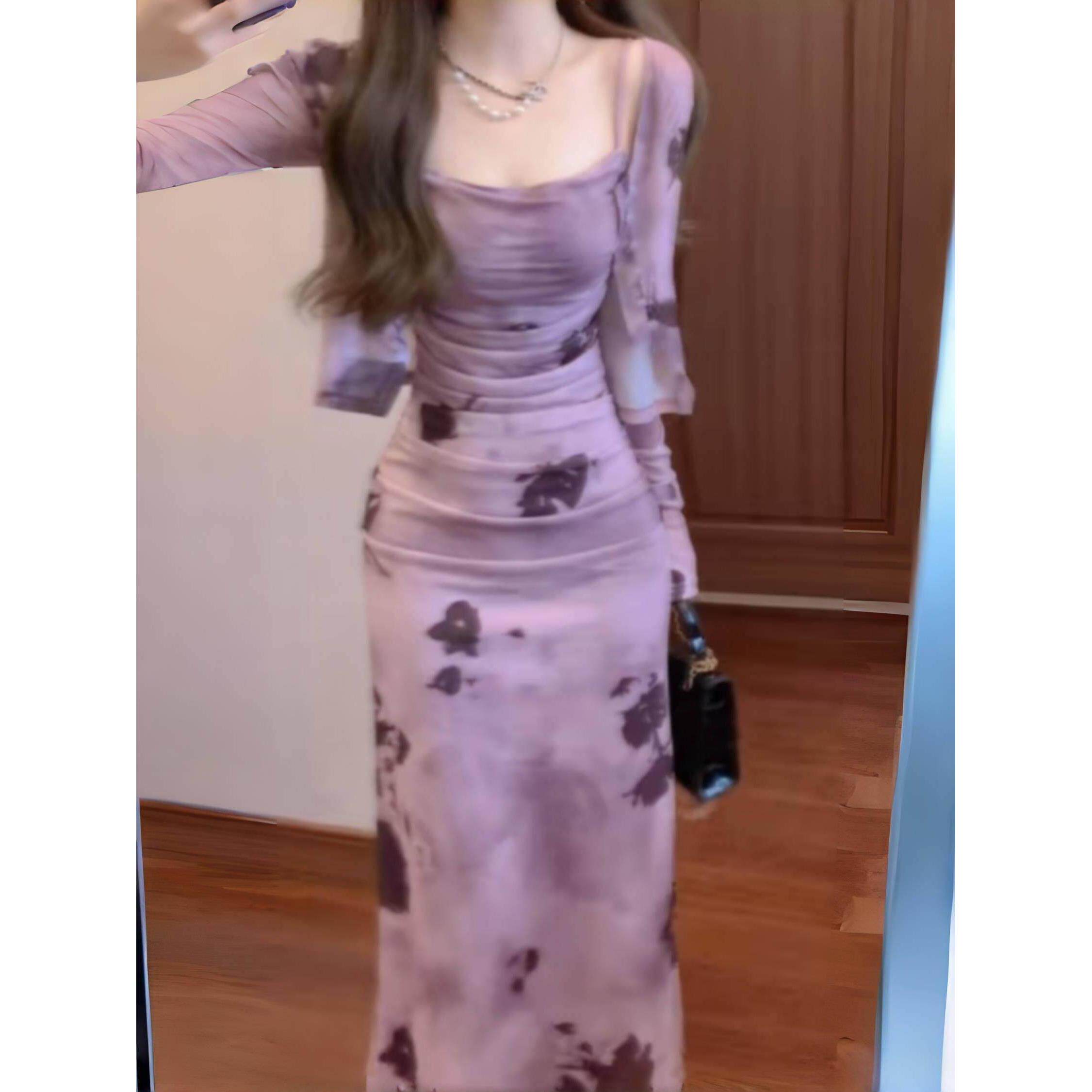 复古水墨吊带连衣裙女早春穿搭新中式套装两件套裙子气质收腰长裙