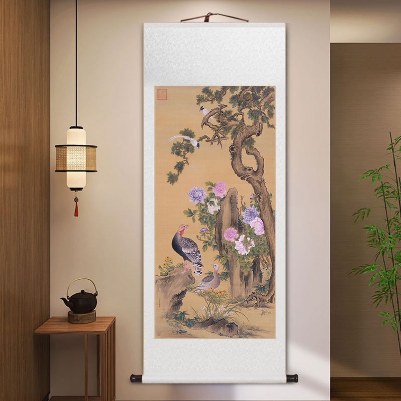锦鸡图国画入户玄关装饰画新中式牡丹卷轴挂画书房茶室中国风壁画图片