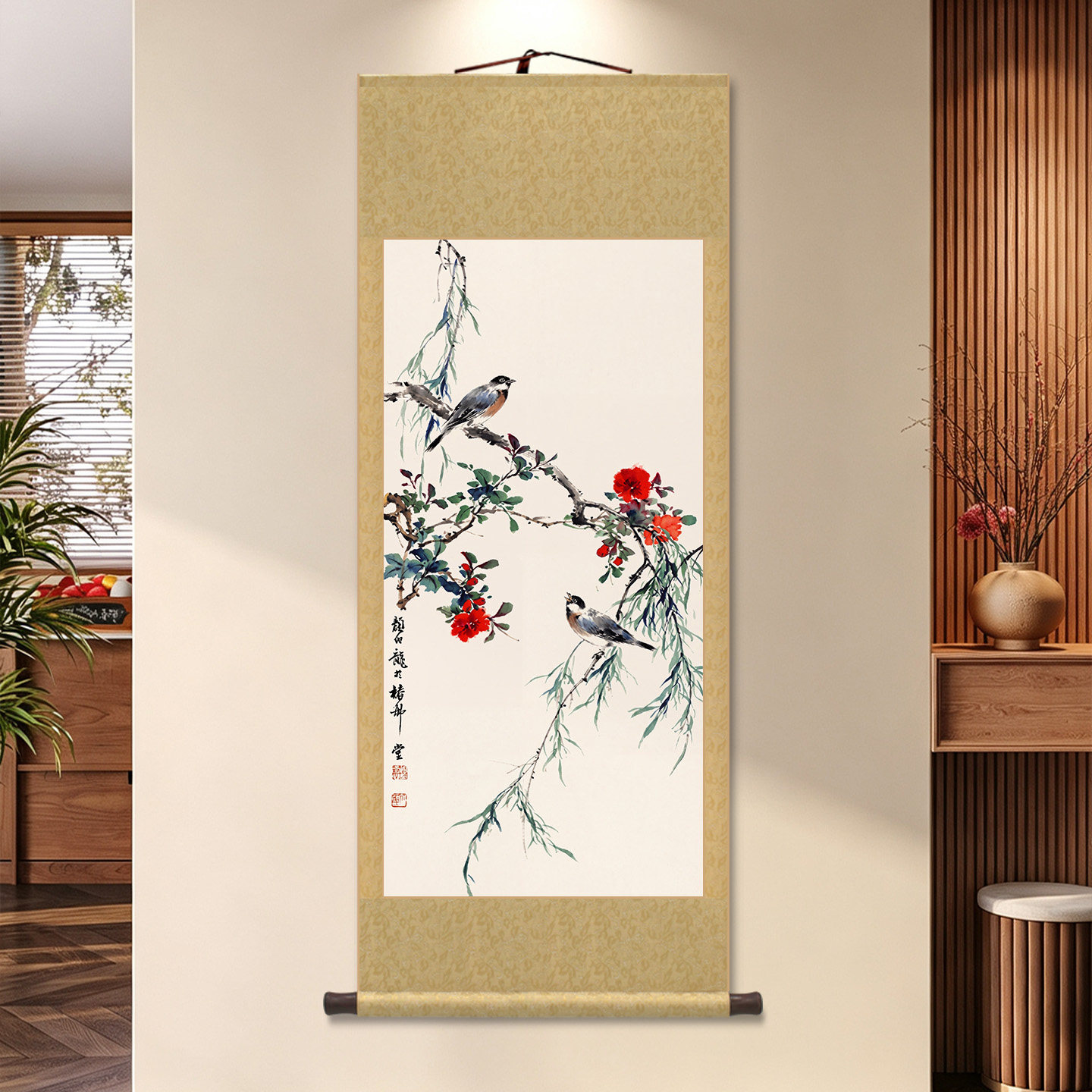 颜伯龙春柳花鸟图客厅卷轴挂画
