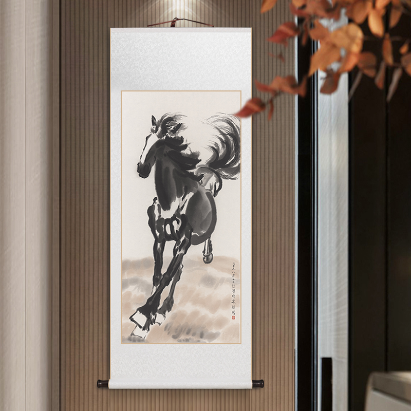 徐悲鸿马新中式客厅玄关装饰画卷轴字画中国风老板书房办公室挂画