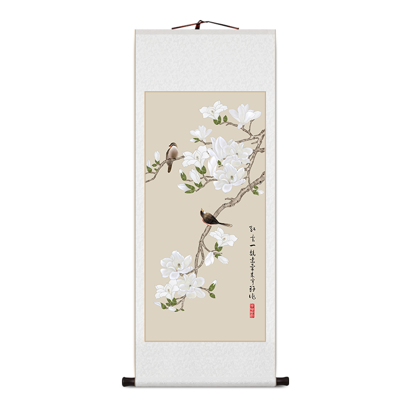 玉兰花卷轴挂画新中式客厅装饰画