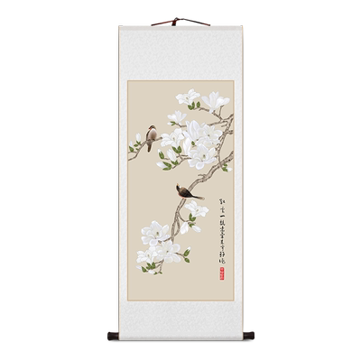 玉兰花卷轴挂画新中式客厅装饰画