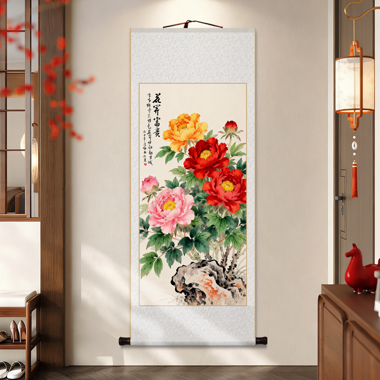 新中式花开富贵牡丹花卷轴挂画