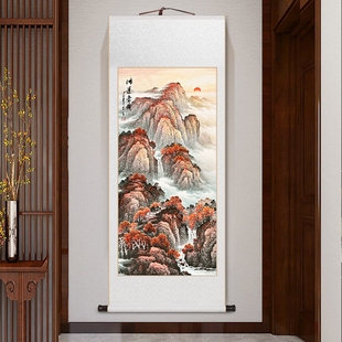 客厅玄关装 鸿运当头国画山水挂画竖版 饰壁画办公室靠山图卷轴字画