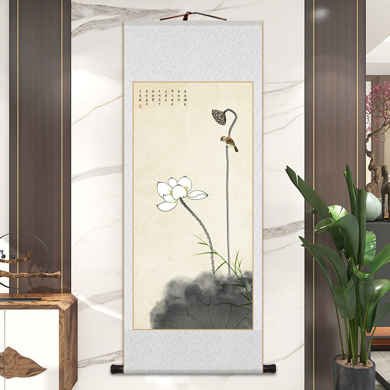 荷花卷轴挂画花鸟客厅玄关装饰画