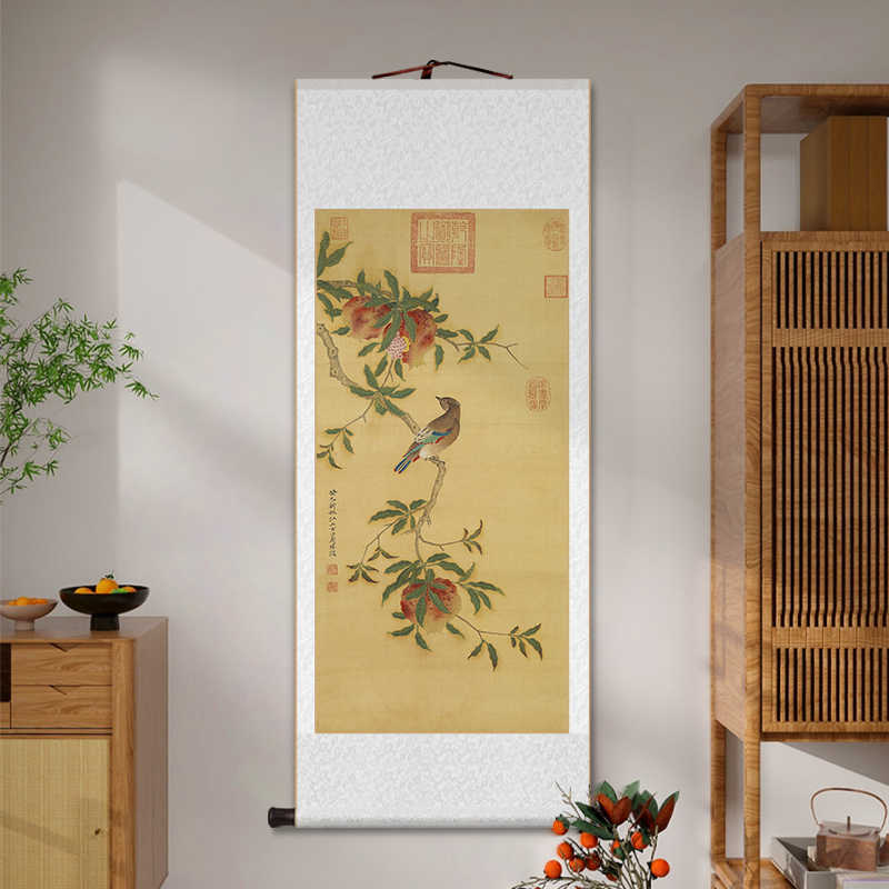 石榴图喜鹊桂花卷轴挂画左西