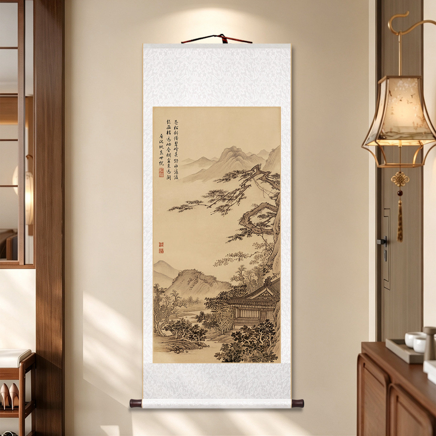 宋代美学长松山水图客厅卷轴挂画