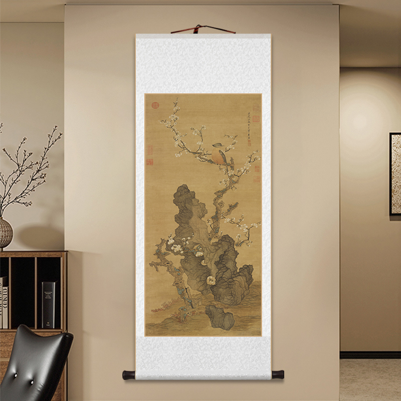 陈洪绶梅花山鸟图卷轴挂画