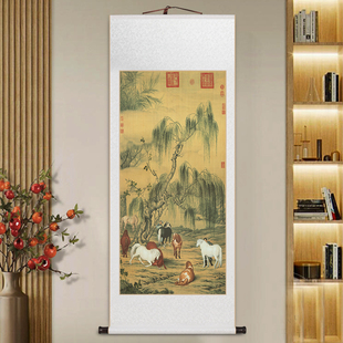 郎世宁八骏图卷轴挂画茶室书房入户玄关装饰画走廊过道锦春图壁画