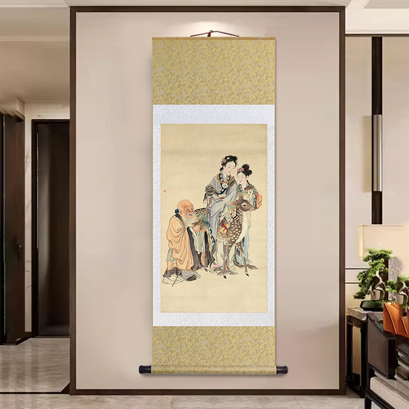 钱慧安祝寿图新中式客厅卷轴挂画