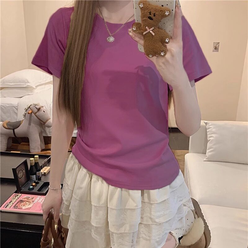 夏季2025新款韩版正肩短袖短款糖果色百搭修身短袖T恤上衣女潮