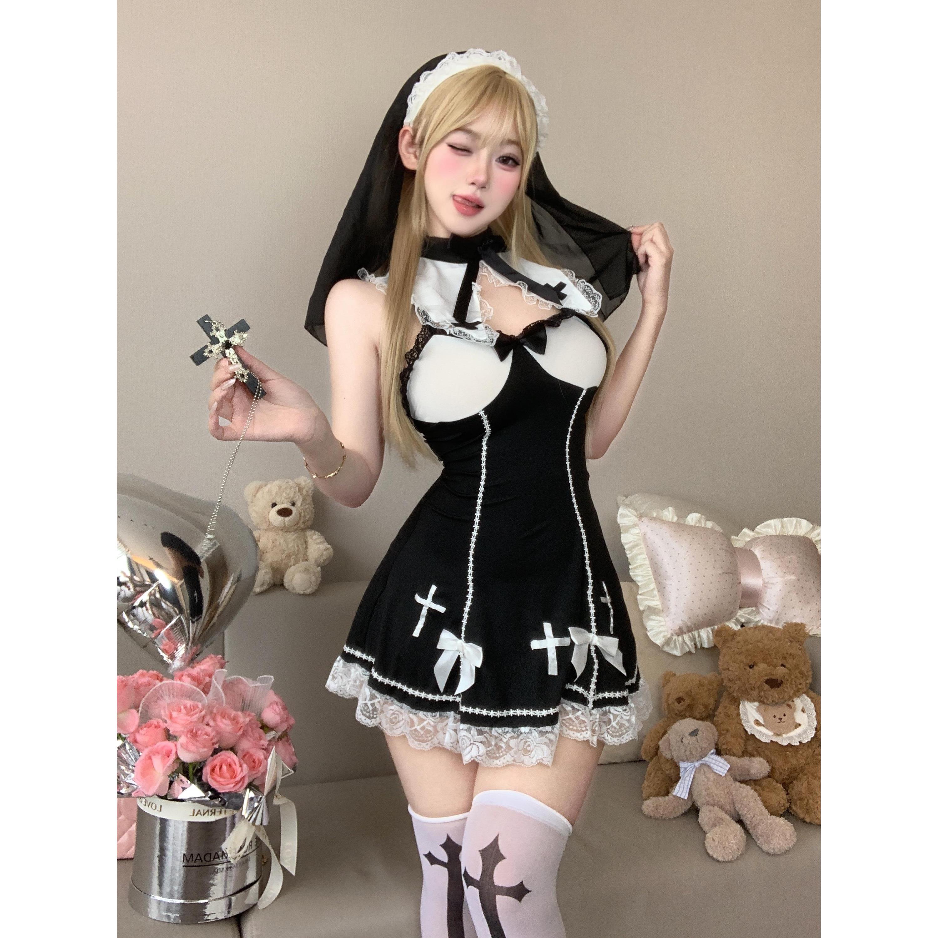 性感纯欲禁欲系镂空头纱修女制服连衣裙cos角色扮演约会晴趣qqny