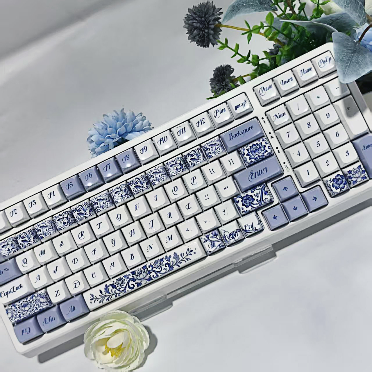 青花瓷清雅色调98键镜面BPT材质五面热升华适配61/68/84/87/96/98