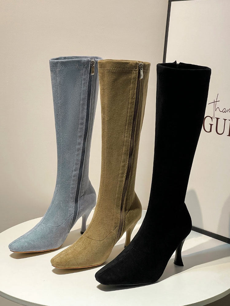 CLEARANCE OFF CODE SPECIAL TAIL GOODS EUROPEAN AND AMERICAN BOOTS WOMENS SQUARE TOE ELASTIC SOCKS BOOTS HIGH HEELS STILETTO SUEDE HIGH THIN BOOTS