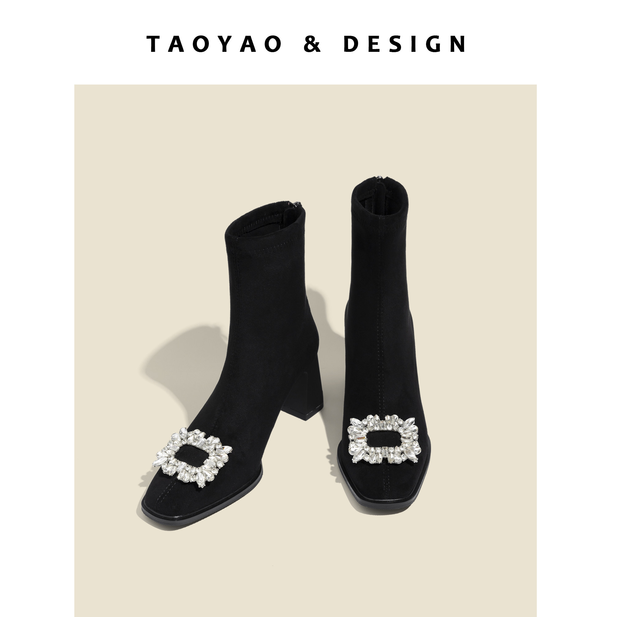 FRENCH RHINESTONE SQUARE BUCKLE ELASTIC SKINNY BOOTS WOMENS 2024 NEW INTERNET CELEBRITY VERSATILE TEMPERAMENT REAR ZIPPER SLEEVE BOOTS