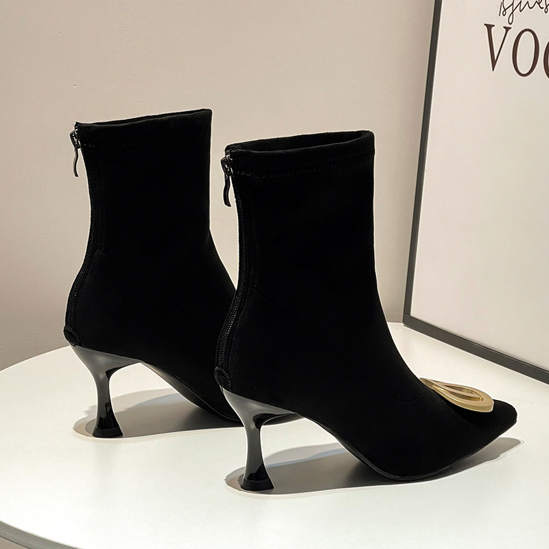 BOOTIE WOMENS FALL|WINTER 2024 NEW HIGH HEEL SUEDE BLACK POINTED TOE STRETCH STOCKINGS BOOTS STILETTO HEEL NET RED SKINNY BOOTS