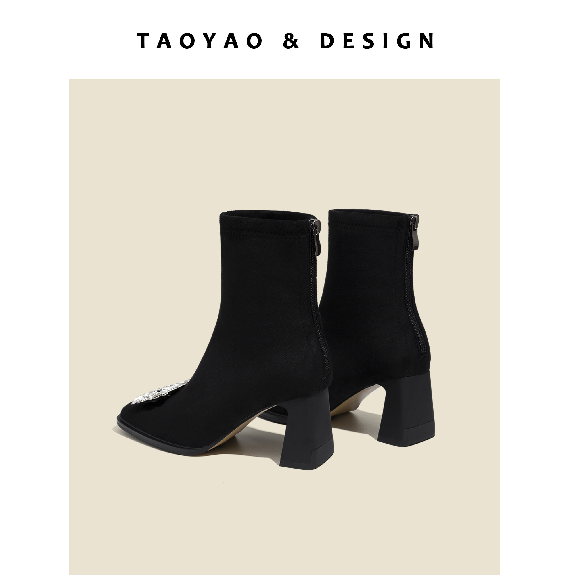 FRENCH RHINESTONE SQUARE BUCKLE ELASTIC SKINNY BOOTS WOMENS 2024 NEW INTERNET CELEBRITY VERSATILE TEMPERAMENT REAR ZIPPER SLEEVE BOOTS